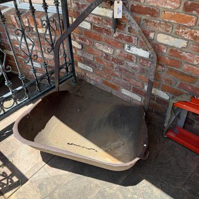 Sale Photo Thumbnail #1438: Vintage Metal Forklift Bucket in yard about 3’ x 3’