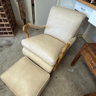 Sale Photo Thumbnail #1676: Vtg. Wood & Beige Leather Rocker Chair & Ottoman