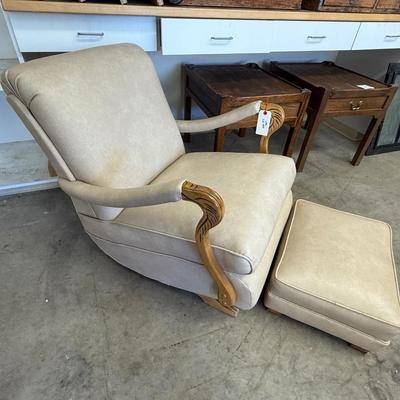 Sale Photo Thumbnail #1677: Vtg. Wood & Beige Leather Rocker Chair & Ottoman