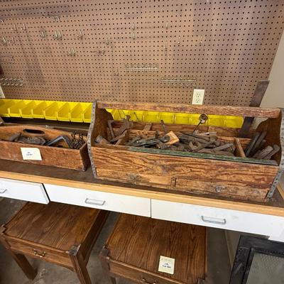Sale Photo Thumbnail #1678: 2 Vtg. Wood Tool Boxes w/Lots of Tools & Parts