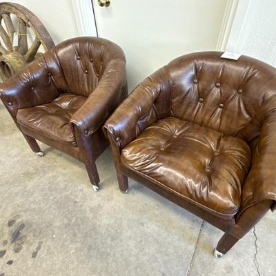 Sale Photo Thumbnail #1711: 2 Brown rolling Club Chairs on Casters as s town