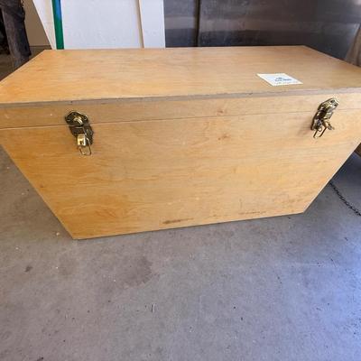 Sale Photo Thumbnail #1727: Wood latching Trunk 36”l x 16”d x 21”t w/handles