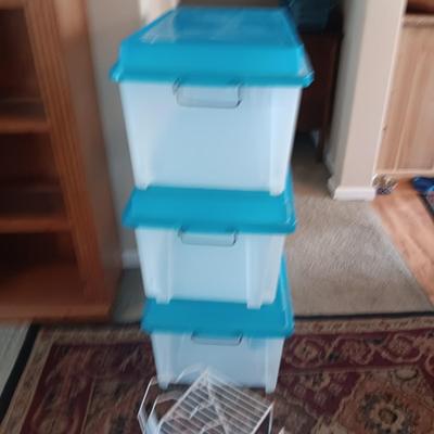 3 LARGER STORAGE TOTES AND SOME CUPBOARD LIFTS