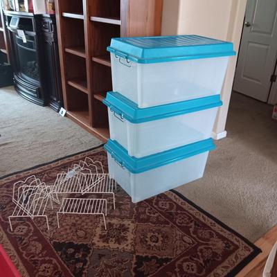 3 LARGER STORAGE TOTES AND SOME CUPBOARD LIFTS