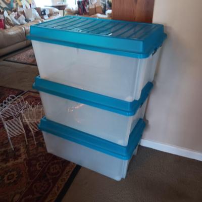 3 LARGER STORAGE TOTES AND SOME CUPBOARD LIFTS