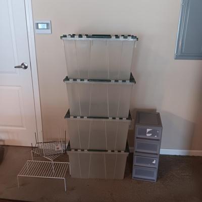 4 MEDIUM SIZE CLAM SHELL LID STORAGE TOTES, DRAWER ORGANIZER AND CUPBOARD LIFTS
