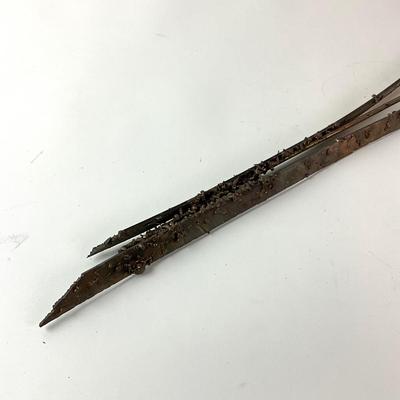 Sale Photo Thumbnail #1381: Comes with nails for display on wall
Measures: 3' 4" high x 19" wide
Late 20th century bronze bird sculpture with rushes and reed titled "Nuthatch" by Georgia Gerber  ; cast of the artist's foundry on Whidbey Island, Washington; wall hung; very good condi