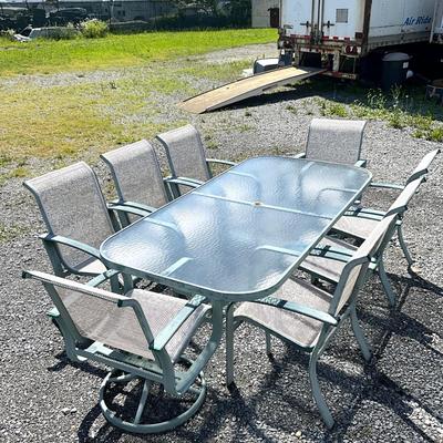 Sale Photo Thumbnail #1410: Two chairs are swivel chairs
Normal chairs: 37" high x 24" wide x 18" seat height x 20.5" seat depth
Swivel chairs: 3' high x 2' wide x 30" deep x 18" seat height x 20.5" seat depth
Table measures: 7' long x 3'6" wide x 28" high