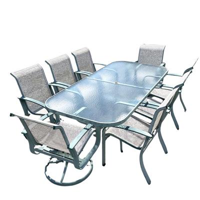Sale Photo Thumbnail #1409: Two chairs are swivel chairs
Normal chairs: 37" high x 24" wide x 18" seat height x 20.5" seat depth
Swivel chairs: 3' high x 2' wide x 30" deep x 18" seat height x 20.5" seat depth
Table measures: 7' long x 3'6" wide x 28" high