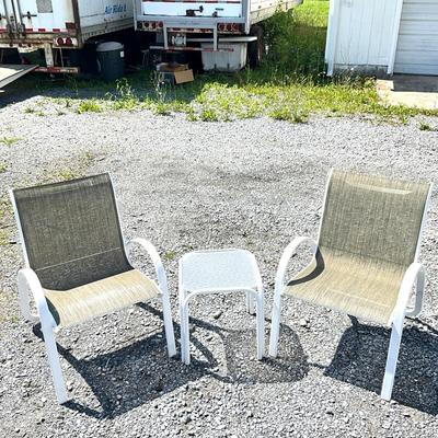 Sale Photo Thumbnail #1411: Chairs in good condition
Side table: 17" wide x 17" long x 18" high
Chairs: 25" wide x 26" long x 35" high