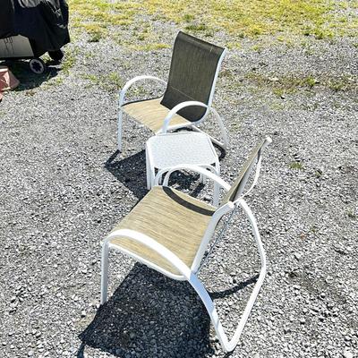 Sale Photo Thumbnail #1412: Chairs in good condition
Side table: 17" wide x 17" long x 18" high
Chairs: 25" wide x 26" long x 35" high