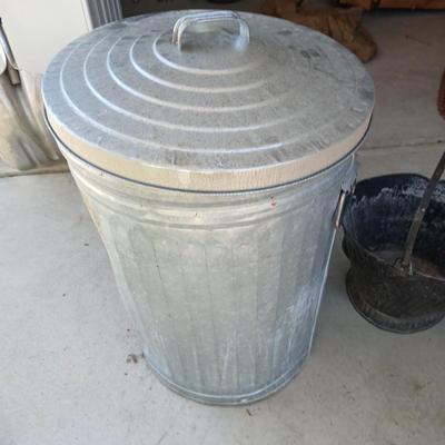 Galvanized Trash Can with Lid & Vintage Coal/Ash Scuttle Bucket