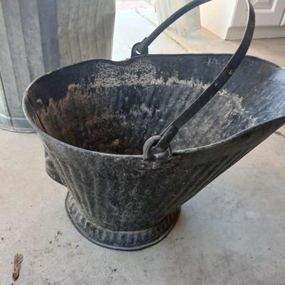 Galvanized Trash Can with Lid & Vintage Coal/Ash Scuttle Bucket