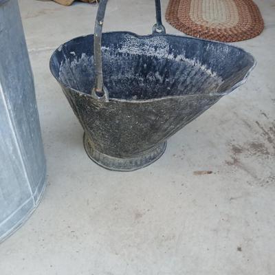 Galvanized Trash Can with Lid & Vintage Coal/Ash Scuttle Bucket