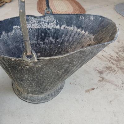 Galvanized Trash Can with Lid & Vintage Coal/Ash Scuttle Bucket