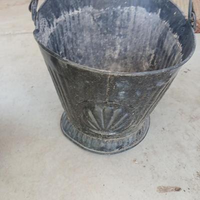Galvanized Trash Can with Lid & Vintage Coal/Ash Scuttle Bucket