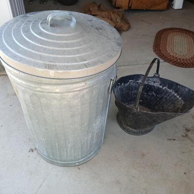 Galvanized Trash Can with Lid & Vintage Coal/Ash Scuttle Bucket