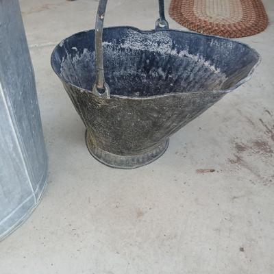 Galvanized Trash Can with Lid & Vintage Coal/Ash Scuttle Bucket
