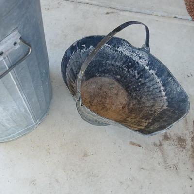 Galvanized Trash Can with Lid & Vintage Coal/Ash Scuttle Bucket