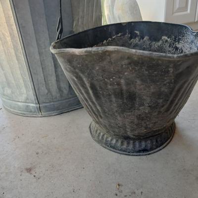 Galvanized Trash Can with Lid & Vintage Coal/Ash Scuttle Bucket