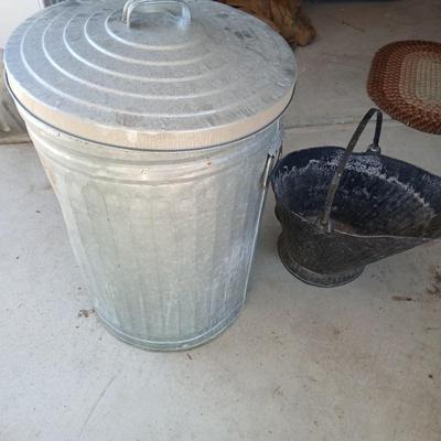 Galvanized Trash Can with Lid & Vintage Coal/Ash Scuttle Bucket