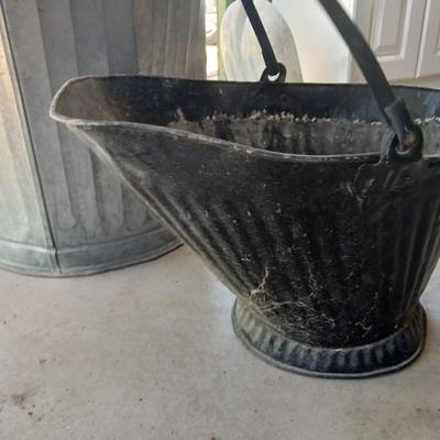Galvanized Trash Can with Lid & Vintage Coal/Ash Scuttle Bucket