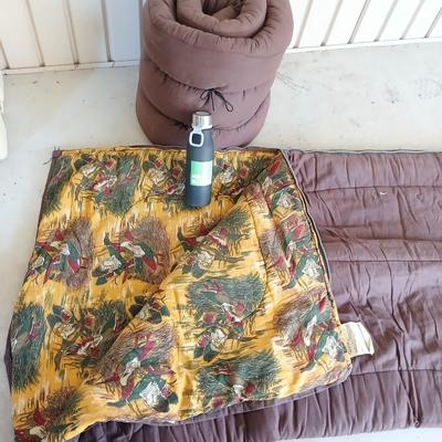 Matching Brown Sleeping Bags with Duck Print Lining & Bottle