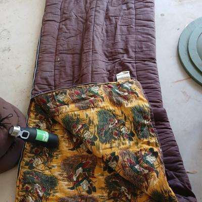 Matching Brown Sleeping Bags with Duck Print Lining & Bottle