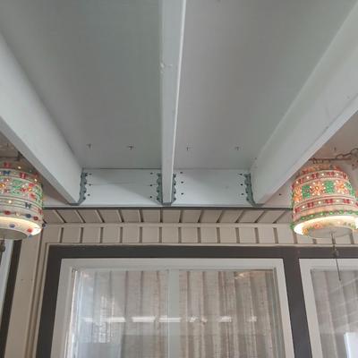 Two Vintage Lighted Homemade Plastic Hanging Swag Lamp with Multi-Color Flowers - Made from flower pots