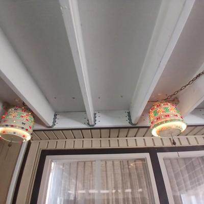 Two Vintage Lighted Homemade Plastic Hanging Swag Lamp with Multi-Color Flowers - Made from flower pots