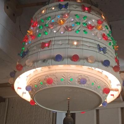 Two Vintage Lighted Homemade Plastic Hanging Swag Lamp with Multi-Color Flowers - Made from flower pots