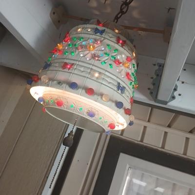 Two Vintage Lighted Homemade Plastic Hanging Swag Lamp with Multi-Color Flowers - Made from flower pots