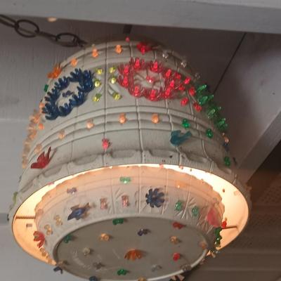 Two Vintage Lighted Homemade Plastic Hanging Swag Lamp with Multi-Color Flowers - Made from flower pots