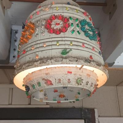 Two Vintage Lighted Homemade Plastic Hanging Swag Lamp with Multi-Color Flowers - Made from flower pots