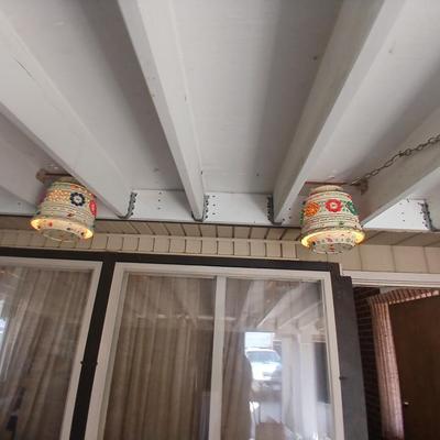 Two Vintage Lighted Homemade Plastic Hanging Swag Lamp with Multi-Color Flowers - Made from flower pots