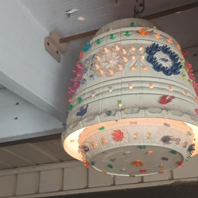 Two Vintage Lighted Homemade Plastic Hanging Swag Lamp with Multi-Color Flowers - Made from flower pots