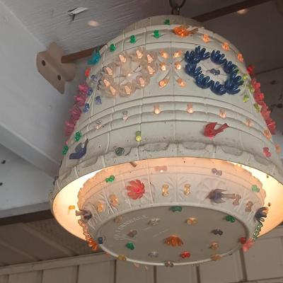 Two Vintage Lighted Homemade Plastic Hanging Swag Lamp with Multi-Color Flowers - Made from flower pots