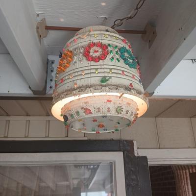 Two Vintage Lighted Homemade Plastic Hanging Swag Lamp with Multi-Color Flowers - Made from flower pots