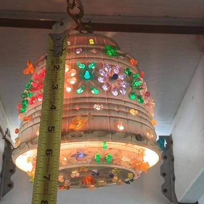 Three smaller Vintage Lighted Homemade Plastic Hanging Swag Lamp with Multi-Color Flowers - Made from flowerpots