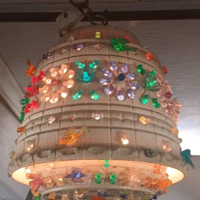 Three smaller Vintage Lighted Homemade Plastic Hanging Swag Lamp with Multi-Color Flowers - Made from flowerpots