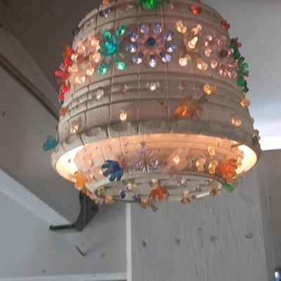 Three smaller Vintage Lighted Homemade Plastic Hanging Swag Lamp with Multi-Color Flowers - Made from flowerpots
