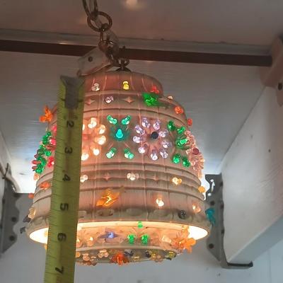 Three smaller Vintage Lighted Homemade Plastic Hanging Swag Lamp with Multi-Color Flowers - Made from flowerpots