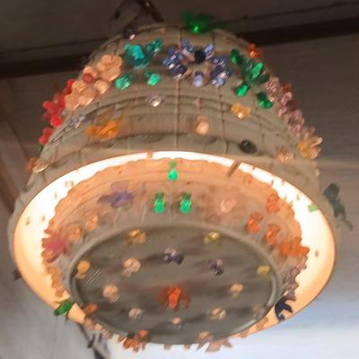 Three smaller Vintage Lighted Homemade Plastic Hanging Swag Lamp with Multi-Color Flowers - Made from flowerpots