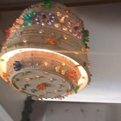 Three smaller Vintage Lighted Homemade Plastic Hanging Swag Lamp with Multi-Color Flowers - Made from flowerpots
