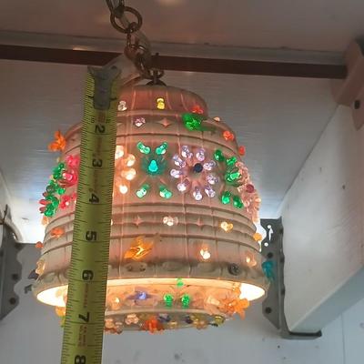 Three smaller Vintage Lighted Homemade Plastic Hanging Swag Lamp with Multi-Color Flowers - Made from flowerpots
