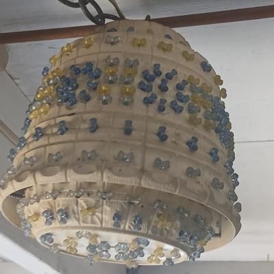 Three smaller Vintage Lighted Homemade Plastic Hanging Swag Lamp with Multi-Color Flowers - Made from flowerpots