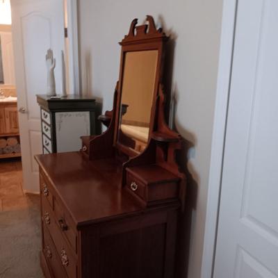 ANTIQUE CHEST WITH BEVELED MIRROR