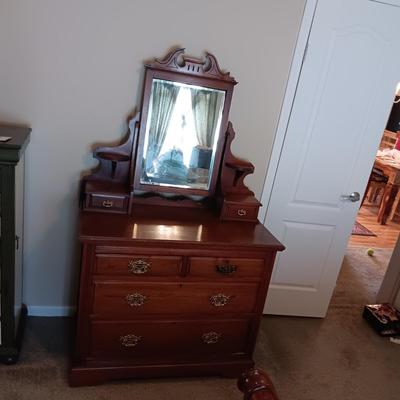ANTIQUE CHEST WITH BEVELED MIRROR