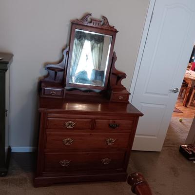 ANTIQUE CHEST WITH BEVELED MIRROR