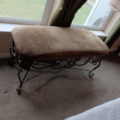 LIGHT OLIVE GREEN UPHOLSTERED BENCH WITH METAL FRAME